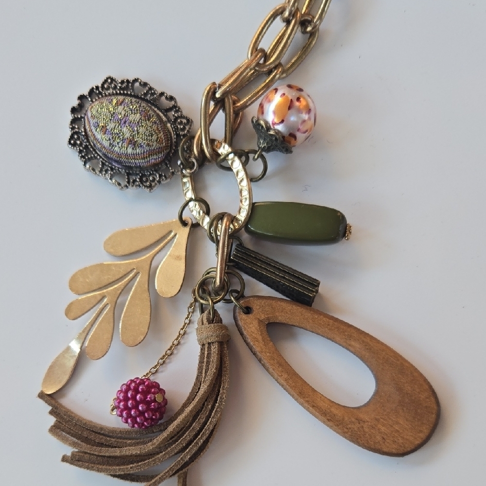 Plunder Charm Necklace Womens OS Gold Boho Mixed‎ Media Wood Leather Tassel